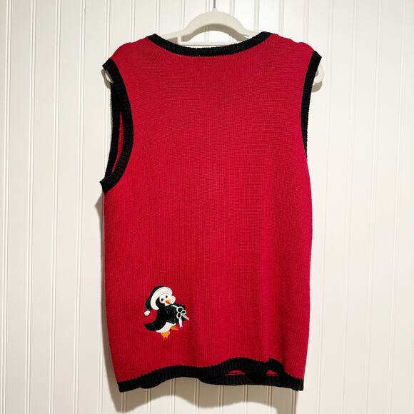 Holiday Editions Red Christmas Penguin Sweater Vest Zip Up Size Large - Picture 5 of 5